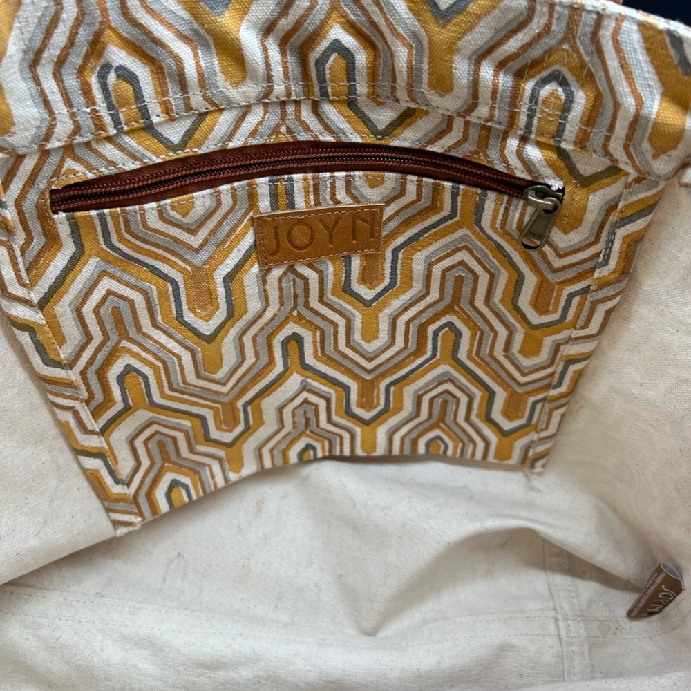 Joyn Purse‎ Tote Cotton With Leather Straps Yellow Geometric  Medium bohemian - Picture 5 of 9